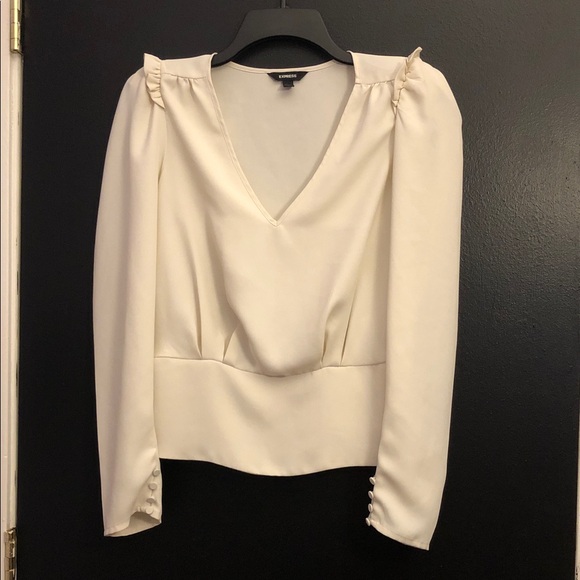 Express Tops - EXPRESS Cream V-Neck Puff Shoulder Blouse